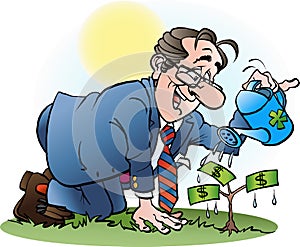 A businessman watering a money tree