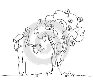 Businessman watering money tree - one line design style illustration