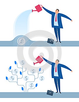 Businessman is watering money tree to grow business. Vector concept.