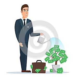 Businessman watering a money tree. Vector illustration isolated