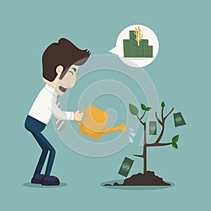 Businessman watering a plant of money