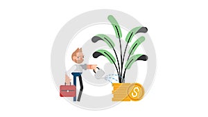 Businessman watering plants that bloom on coins. Financial and investment growth, success in wealth management