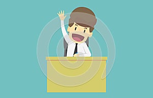 Businessman waving in front of his working place.Cartoon of business success is the concept of the man characters business, the m