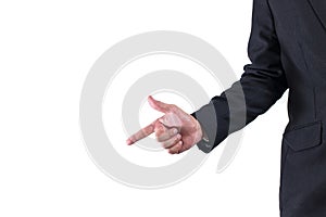 Businessman wear black suit hand pointing left to something or t