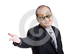 Businessman wear dollar sign glasses and giving hand