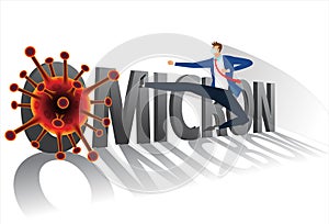 Businessman wear face mask running and jump to kicked omicron virus.  Business risk and crisis concept. Cartoon Vector