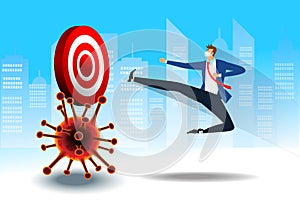 Businessman wear face mask running and jump to kicked target on omicron virus.  Business risk and crisis concept. Cartoon Vector