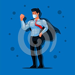 Businessman wear mask and cape ready to work. fight virus in new normal symbol avatar illustration vector