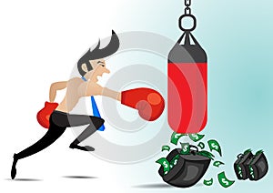 Businessman wearing boxing gloves and have money in punching the punch bag