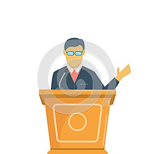 businessman wearing glasses speaking in public, cartoon vector illustration element design