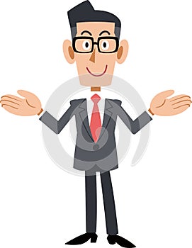 A businessman wearing glasses that spreads both hands