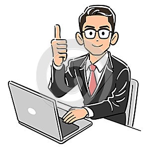 A businessman wearing glasses to operate a personal computer thumbs up