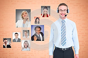 Businessman wearing headphones with colleagues showing various expressions