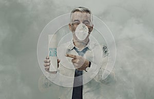 Businessman advertising a spray air purifier