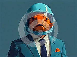 Businessman wearing a suit and a diving helmet with a fish in his mouth.