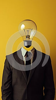 Businessman Wearing a Suit With a Light Bulb on His Head