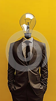 Businessman Wearing Suit With a Light Bulb on His Head