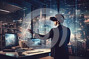 Businessman wearing virtual reality goggles in modern office with night city view, Businessman using virtual reality headset in