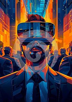 Businessman wearing VR goggles, interacting with a 3D virtual conference room, with avatars of colleagues.