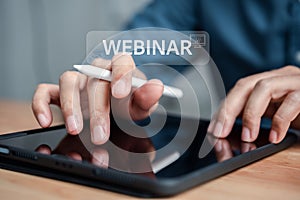 Businessman with Webinar meeting conference, E-business Connection, online technology, online education and e-learning diploma,