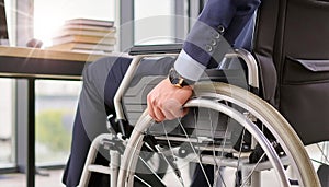 Businessman in Wheelchair with Hand on Wheel and Office Interior on Background - Generative Ai