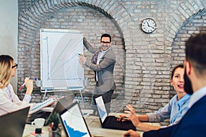 Businessman At Whiteboard Giving Presentation In Boardroom