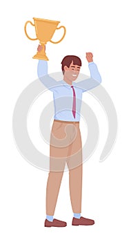 Businessman with winner cup semi flat color vector character