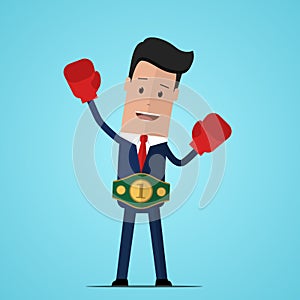 Businessman winner wearing a championship belt. Businessman in boxing gloves wearing championship belt . Vector illustration