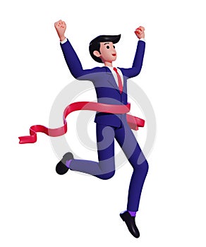 Businessman winning the competition and celebrate victory at the finish line. A man in business suit crossing the red finish line