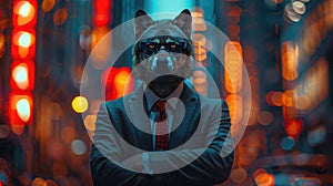A businessman with a wolf& x27;s head in a business suit and tie, wearing glasses on a blurred background. Wolf character