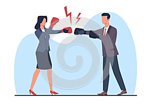 Businessman and woman in boxing gloves fighting each other. Male and female business characters in suit. Confrontation