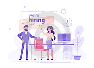 Businessman and woman are hiring new staff. Head hunters. Vacant place in an office. Workplace with a computer in the office. Flat