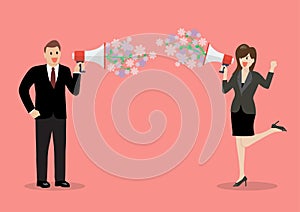 Businessman and woman are holding a megaphone with flowers