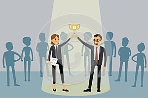 Businessman and woman holding the winner cup together,success concept