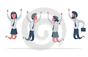 Businessman and woman jump with happiness together. Business people jumping up celebrating success.