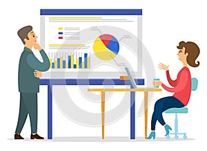 Businessman and woman looking at graphic and diagram on board, woman presenting financial plan