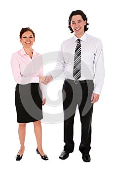 Businessman and woman shaking hands