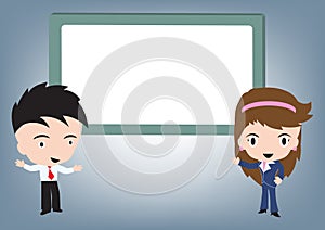 Businessman and woman standing and speaking and whiteboard behind, vector illustration in flat design