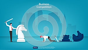 Businessman won against another in fight concept. Business competition symbol with sword and horse chess vector illustration