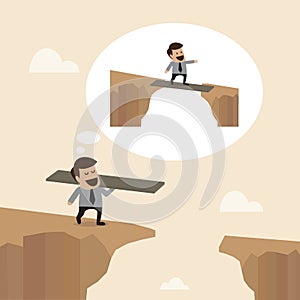 Businessman with wooden plate to Cross the cliff