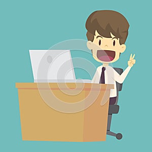 Businessman work hard shows sign of victory on his fingers.cartoon of business,employee success is the concept of the man