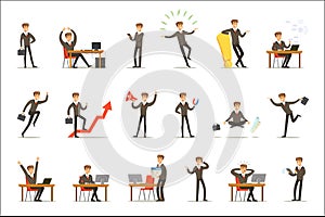 Businessman Work Process Set Of Business Related Scenes With Young Entrepreneur Cartoon Character