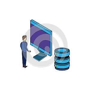 businessman worker with computer and data center disks