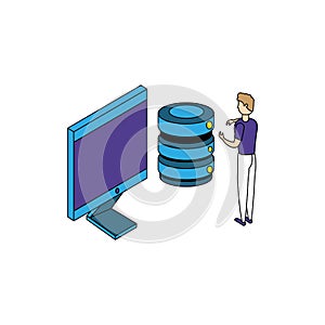 businessman worker with computer and data center disks