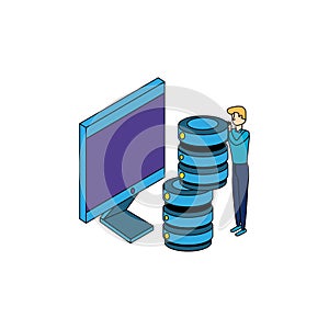 businessman worker with computer and data center disks
