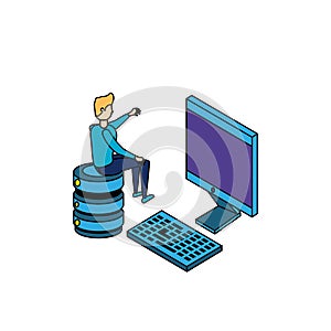 businessman worker with computer and data center disks