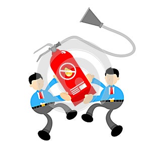 businessman worker and red fire extinguisher cartoon doodle flat design vector illustration