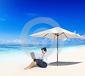 Businessman Working Beach Sky Summer Concept