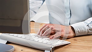 Businessman working on computer in office. Closeup of male hands typing on keyboard.. AI Generated