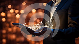 Businessman working with a digital phone or tablet on blurry dark bokeh background